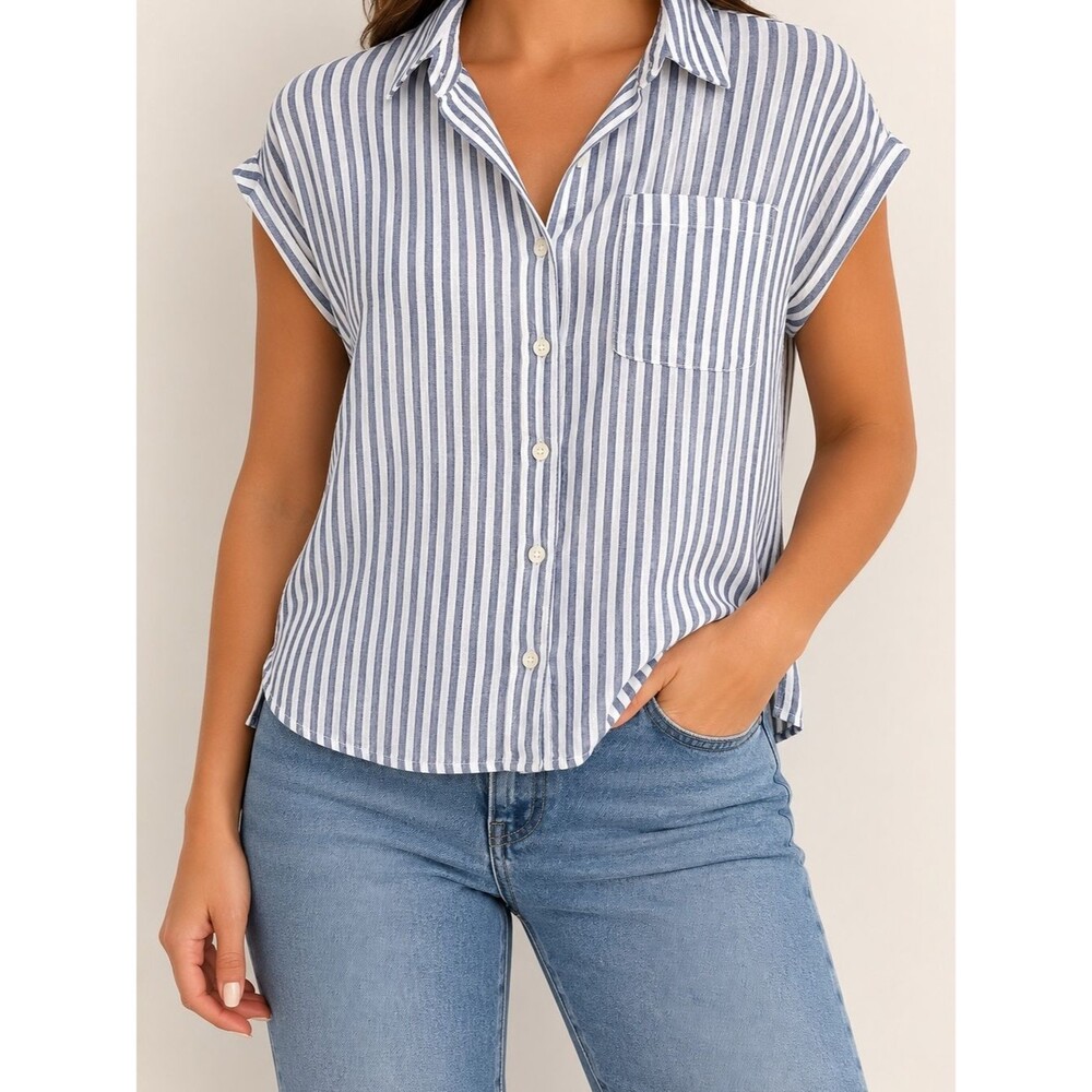 Orvis Linen Blend Striped Button Front Shirt Large Blue White Cap Sleeve Lightwe